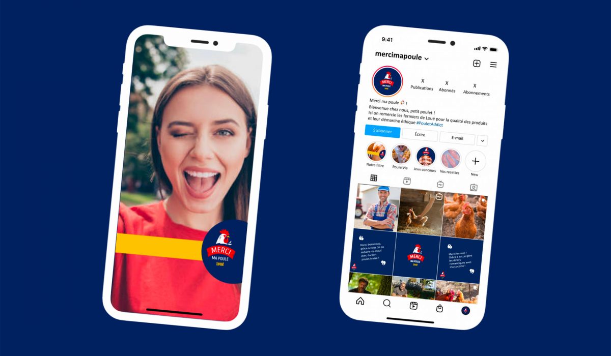Mockup d'un filtre instagram et du feed Merci ma poule pour projet fictif Loue