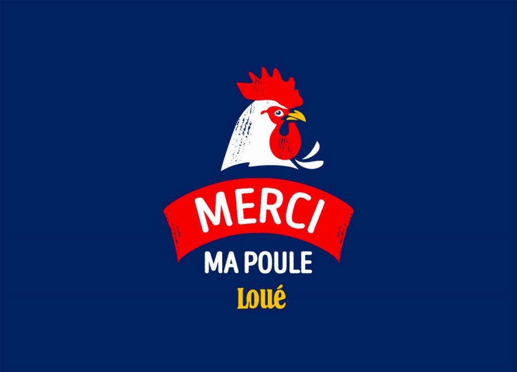 Logo Merci ma poule Loue sur fond bleu