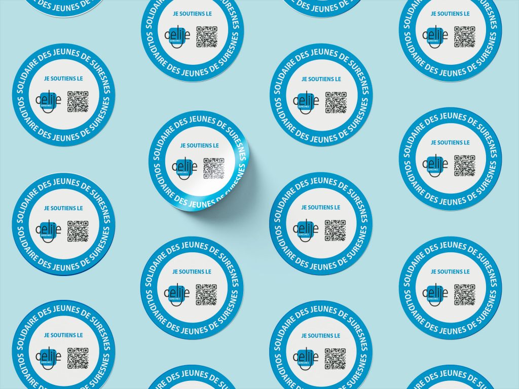 Grille de stickers avec le logo celije suresnes et qr code sur fond bleu