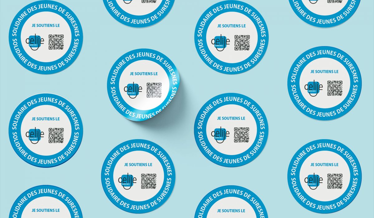 Grille de stickers avec le logo celije suresnes et qr code sur fond bleu